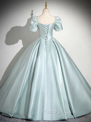 A-Line Sweetheart Neck Puff Sleeves Satin Blue Long Formal Prom Dresses, Blue Long Formal Dresses