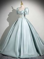 A-Line Sweetheart Neck Puff Sleeves Satin Blue Long Formal Prom Dresses, Blue Long Formal Dresses