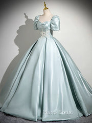 A-Line Sweetheart Neck Puff Sleeves Satin Blue Long Formal Prom Dresses, Blue Long Formal Dresses