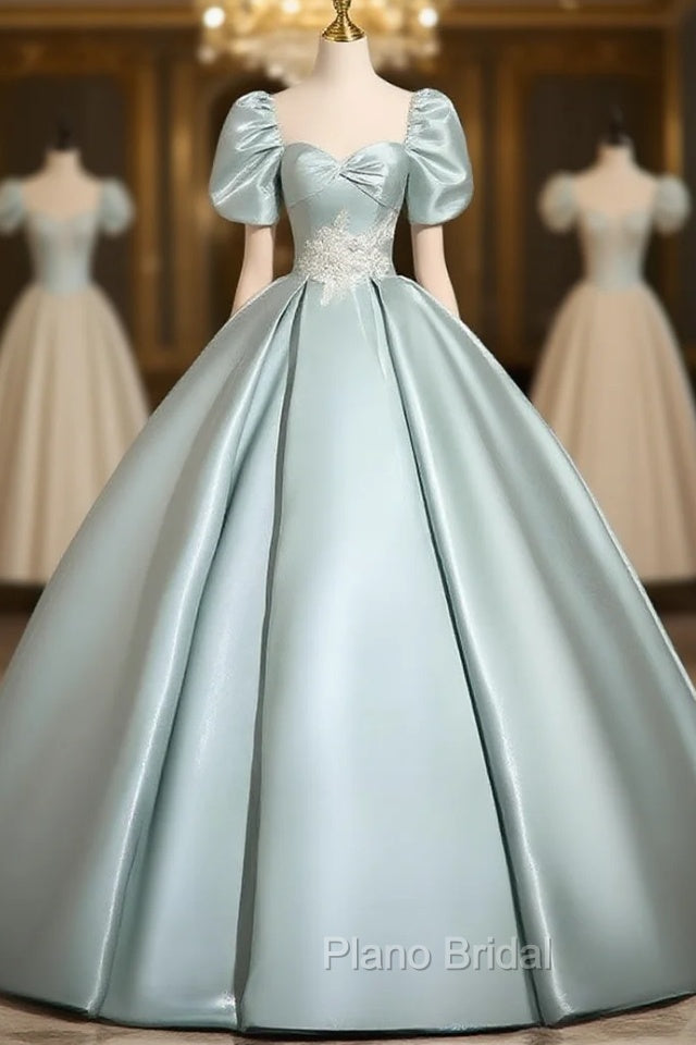 A-Line Sweetheart Neck Puff Sleeves Satin Blue Long Formal Prom Dresses, Blue Long Formal Dresses Main image