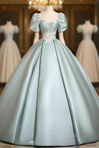 A-Line Sweetheart Neck Puff Sleeves Satin Blue Long Formal Prom Dresses, Blue Long Formal Dresses