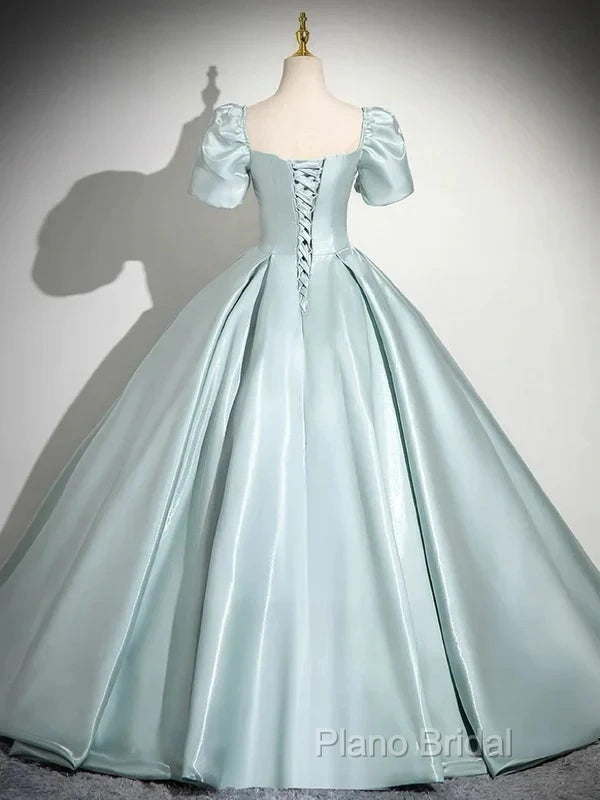 A-Line Sweetheart Neck Puff Sleeves Satin Quinceanera Dresses Blue Long Formal Prom Dresses Elegant Formal Dresses