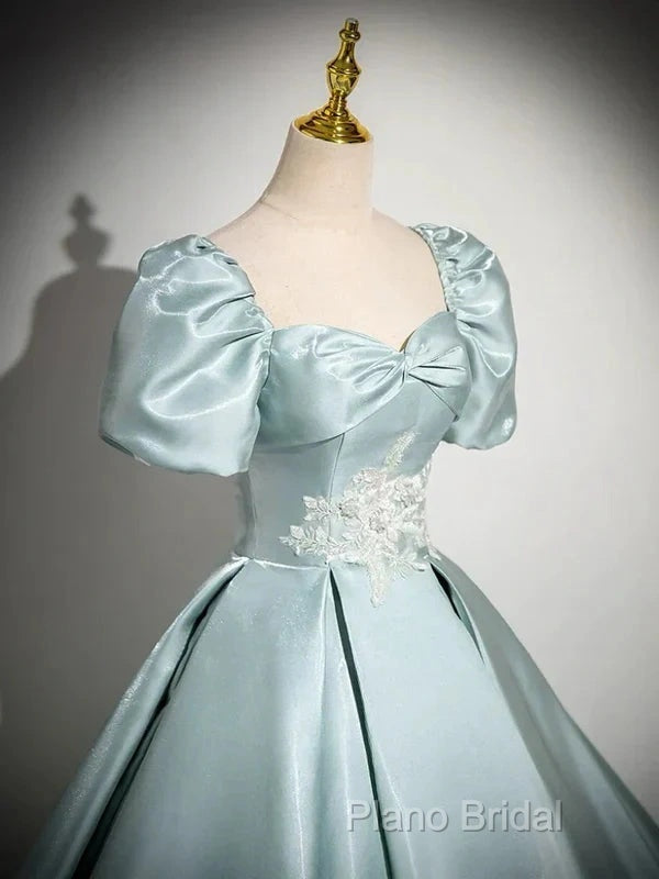 A-Line Sweetheart Neck Puff Sleeves Satin Quinceanera Dresses Blue Long Formal Prom Dresses Elegant Formal Dresses