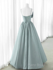 A-Line Sweetheart Neck Satin Beads Blue Long Formal Prom Dresses, Blue Formal Dresses