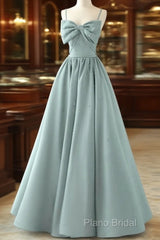 A-Line Sweetheart Neck Satin Beads Blue Long Formal Prom Dresses, Blue Formal Dresses