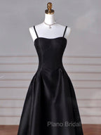 A-Line Sweetheart Neck Satin Black Long Formal Prom Dresses, Black Long Evening Dresses
