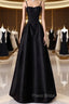 A-Line Sweetheart Neck Satin Black Long Formal Prom Dresses, Black Long Evening Dresses