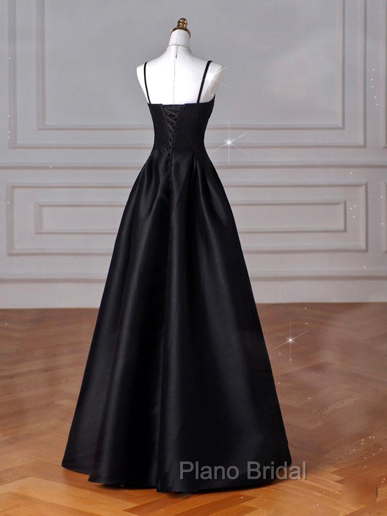 A-Line Sweetheart Neck Satin Black Long Formal Prom Dresses, Black Long Formal Dresses
