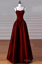 A-Line Sweetheart Neck Satin Burgundy Long Prom Dress, Burgundy Long Formal Dress