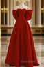 A-Line Sweetheart Neck  Satin Burgundy Long Formal Prom Dresses with Bow