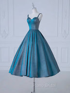 A-Line Sweetheart Neck Satin Tea Length Blue Formal Prom Dresses, Blue Formal Dresses
