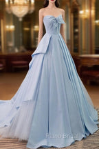 A-Line Sweetheart Neck Satin Tulle Blue Long Formal Prom Dresses, Blue Evening Dresses