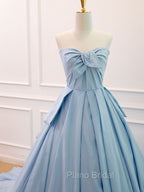 A-Line Sweetheart Neck Satin Tulle Blue Long Formal Prom Dresses, Blue Evening Dresses