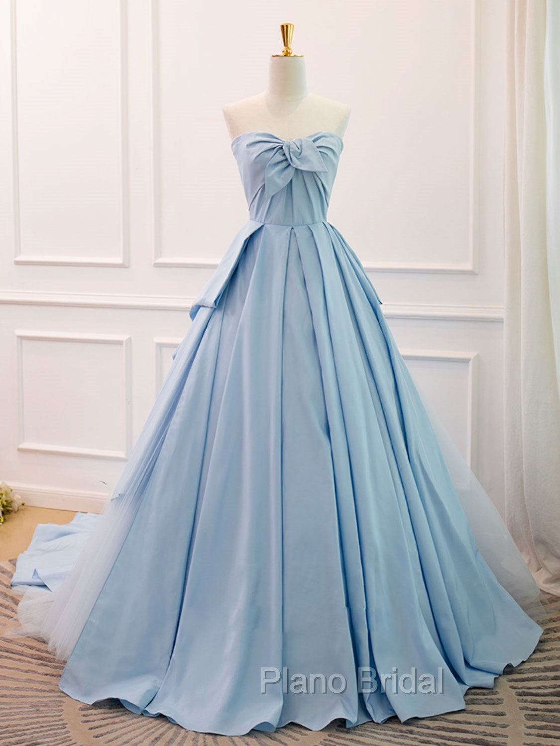 A-Line Sweetheart Neck Satin Tulle Blue Long Formal Prom Dresses, Blue Evening Dresses