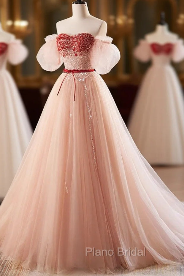 A-Line Sweetheart Neck Sequin Tulle Pink Long Formal Prom Dresses, Pink Formal Dresses Secondary image