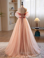 A-Line Sweetheart Neck Sequin Tulle Pink Long Formal Prom Dresses, Pink Formal Dresses