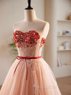 A-Line Sweetheart Neck Sequin Tulle Pink Long Formal Prom Dresses, Pink Formal Dresses