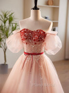 A-Line Sweetheart Neck Sequin Tulle Pink Long Formal Prom Dresses, Pink Formal Dresses