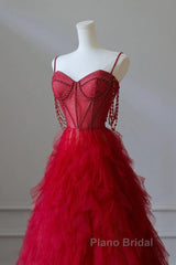 A-Line Sweetheart Neck Tulle Beads Burgundy Long Formal Prom Dresses