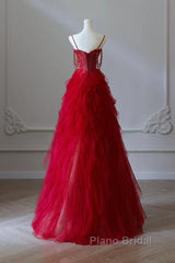 A-Line Sweetheart Neck Tulle Beads Burgundy Long Formal Prom Dresses