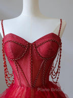 A-Line Sweetheart Neck Tulle Beads Burgundy Long Formal Prom Dresses