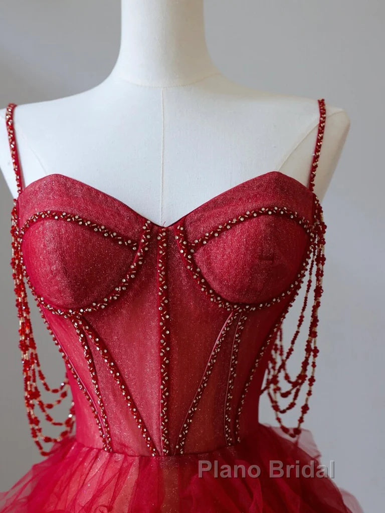 A-Line Sweetheart Neck Tulle Beads Burgundy Long Formal Prom Dresses