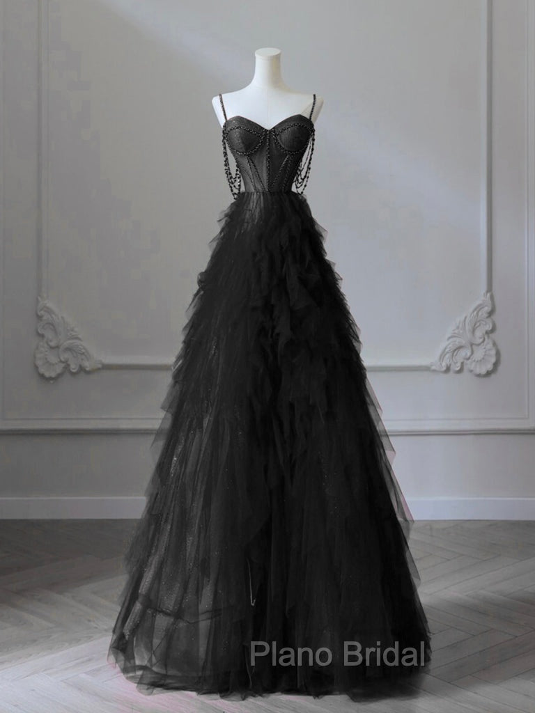 A-Line Sweetheart Neck Tulle Black Long Formal Prom Dresses, Black Long Graduation Dresses with Beads