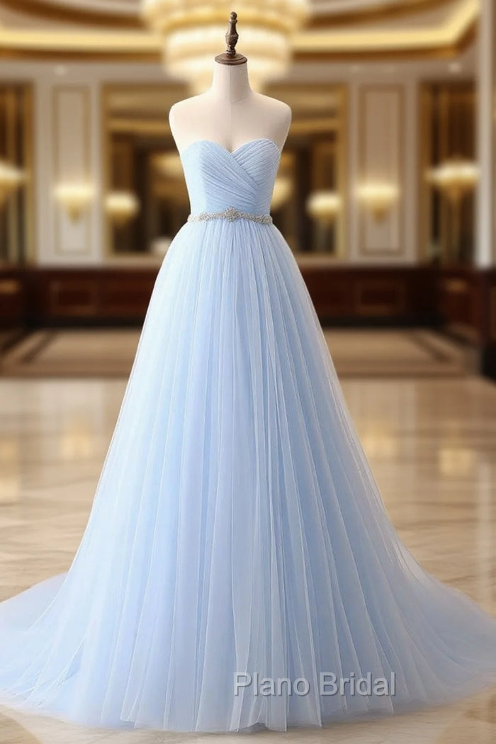 A-Line Sweetheart Neck Tulle Blue Long Formal Prom Dresses, Blue Long Bridesmaid Dresses Main image