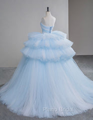 A-Line Sweetheart Neck Tulle Blue Long Formal Prom Dresses, Blue Long Evening Gown