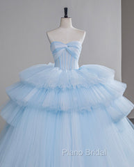 A-Line Sweetheart Neck Tulle Blue Long Formal Prom Dresses, Blue Long Evening Gown