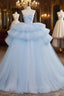A-Line Sweetheart Neck Tulle Blue Long Formal Prom Dresses, Blue Long Evening Gown