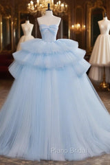 A-Line Sweetheart Neck Tulle Blue Long Formal Prom Dresses, Blue Long Evening Gown