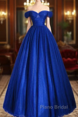A-Line Sweetheart Neck Tulle Blue Long Formal Prom Dresses, Blue Long Formal Dresses