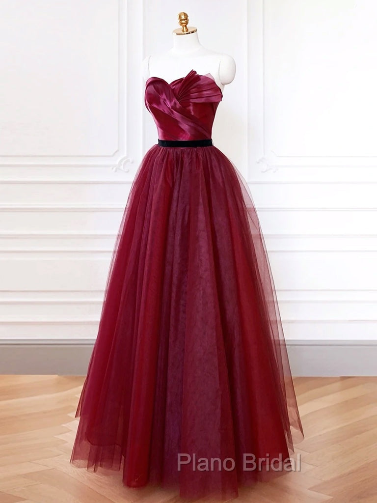 A-Line Sweetheart Neck Tulle Burgundy Long Formal Prom Dresses, Burgundy Long Formal Dresses