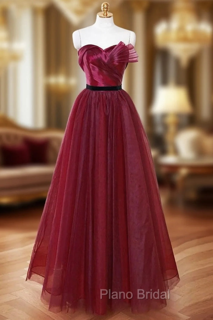 A-Line Sweetheart Neck Tulle Burgundy Long Formal Prom Dresses, Burgundy Long Formal Dresses Main image