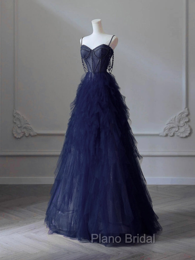 A-Line Sweetheart Neck Tulle Dark Blue Long Formal Prom Dresses, Dark Blue Long Graduation Dresses with Beads Secondary image