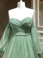 A-Line Sweetheart Neck Tulle Green Long Formal Prom Dresses, Green Formal Evening Dresses