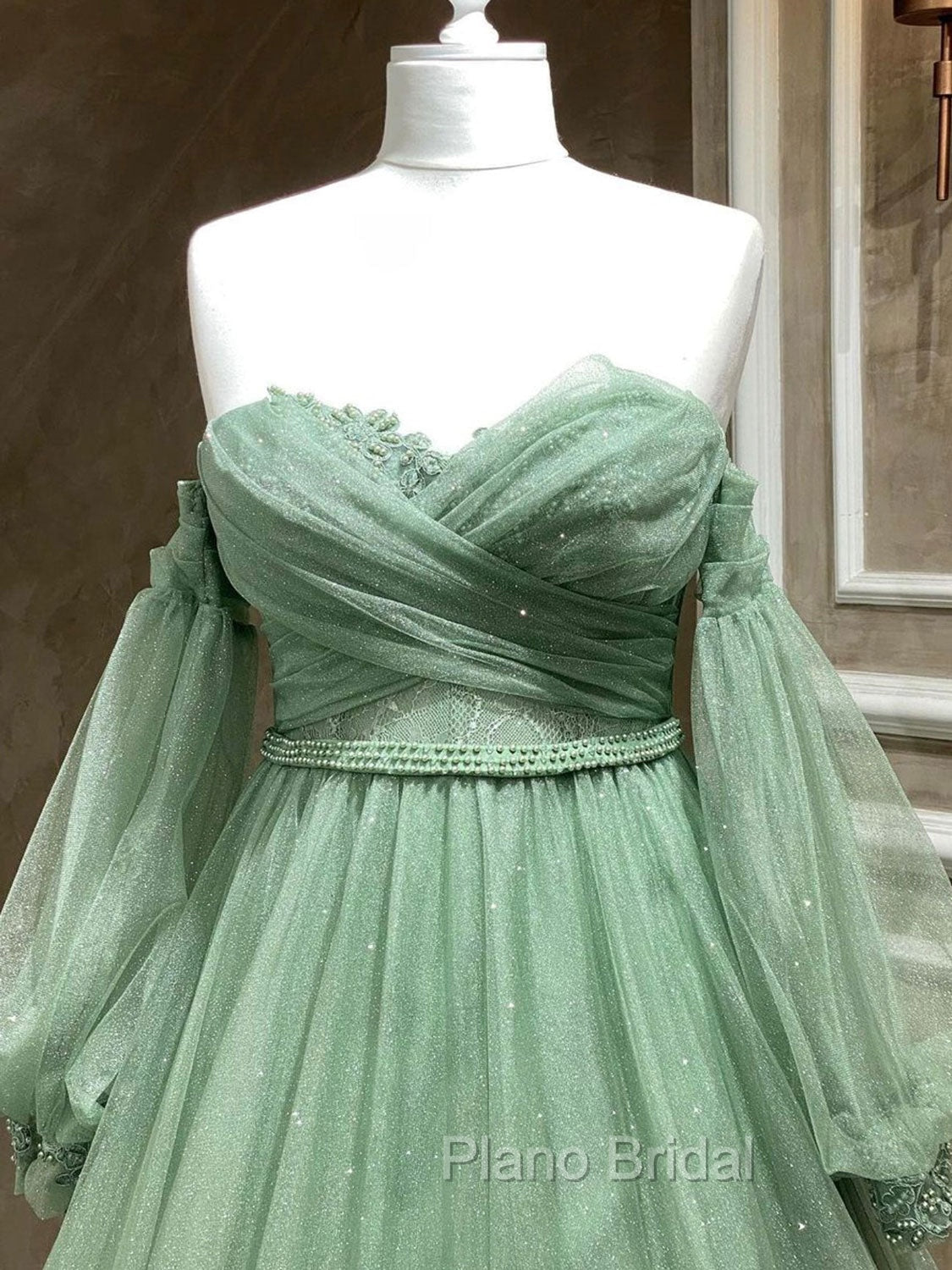 A-Line Sweetheart Neck Tulle Green Long Formal Prom Dresses, Green Formal Evening Dresses