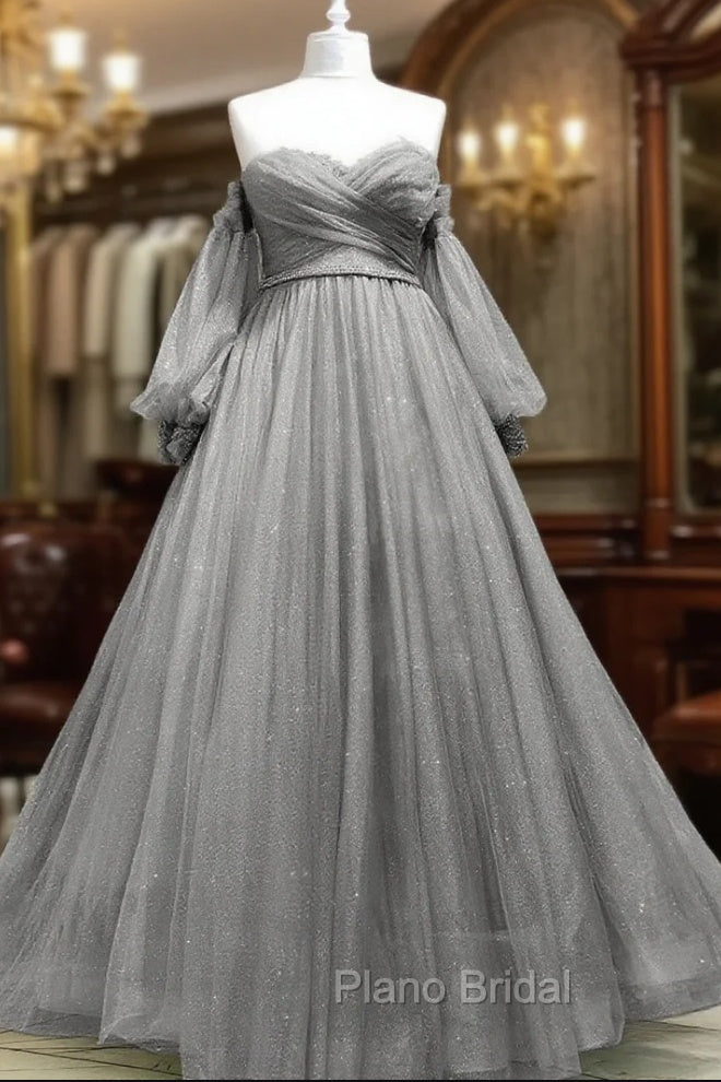 A-Line Sweetheart Neck Tulle Green Long Formal Prom Dresses, Green Formal Evening Dresses