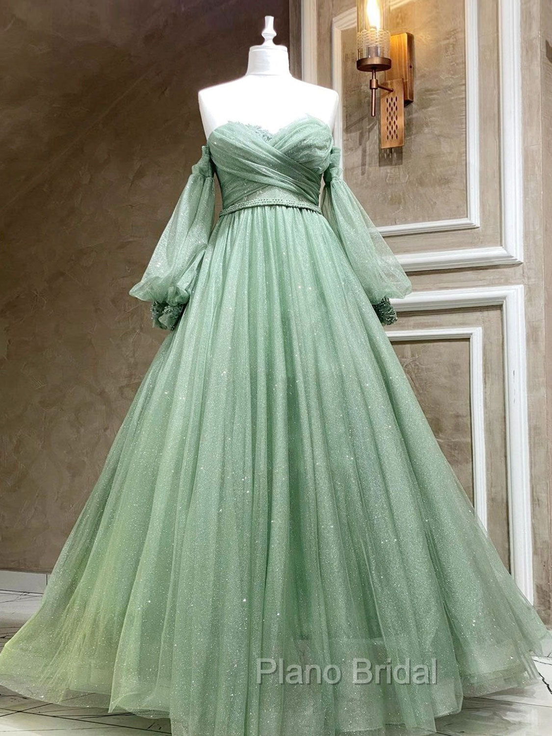 A-Line Sweetheart Neck Tulle Green Long Formal Prom Dresses, Green Formal Evening Dresses