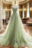 A-Line Sweetheart Neck Tulle Green Long Formal Prom Dresses, Green Long Formal Dresses