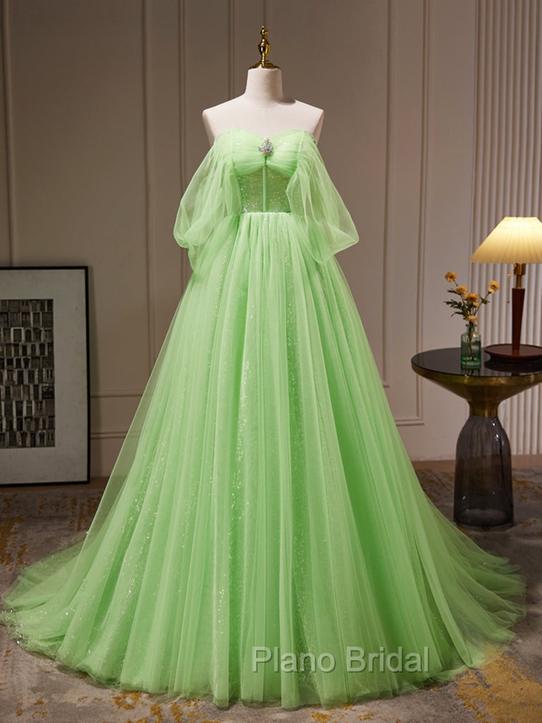 A-Line Sweetheart Neck Tulle Green Long Formal Prom Dresses, Green Tulle Long Evening Dresses