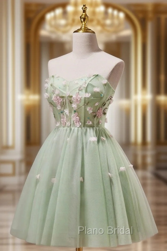 A- Line Sweetheart Neck Tulle Green Short Formal Prom Dresses, Green Homecoming Dresses Main image