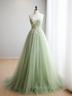 A-Line Sweetheart Neck Tulle Lace Applique Green Long Formal Prom Dresses Formal Dresses Off Shoulder