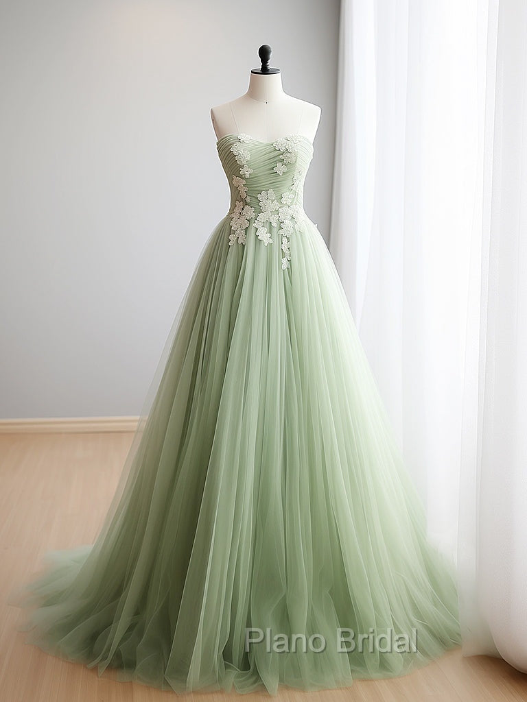 A-Line Sweetheart Neck Tulle Lace Applique Green Long Formal Prom Dresses Formal Dresses Off Shoulder