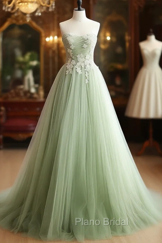 A-Line Sweetheart Neck Tulle Lace Applique Green Long Formal Prom Dresses Formal Dresses Off Shoulder Main image