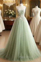 A-Line Sweetheart Neck Tulle Lace Applique Green Long Formal Prom Dresses, Green Formal Dresses
