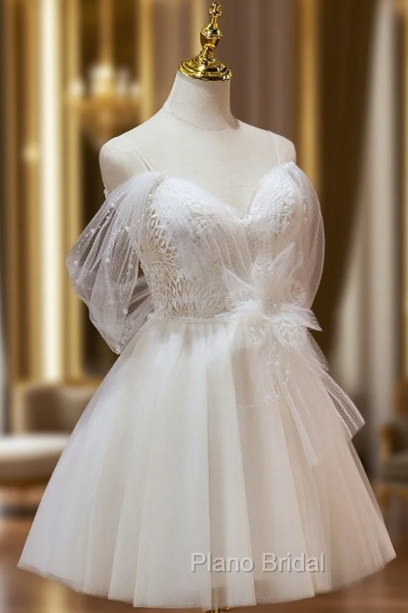 A Line Sweetheart Neck Tulle Lace Beige Short Formal Prom Dresses,  Puffy Cute Homecoming Dresses Main image