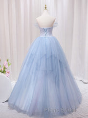 A-Line Sweetheart Neck Tulle Lace Blue Long Formal Prom Dress, Blue Formal Evening Dress