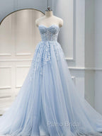 A Line Sweetheart Neck Tulle lace Blue Long Formal Prom Dresses, Lace Formal Gown Graduation Dresses